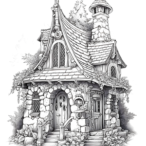 FREE Fairy Tale Cottage Coloring Page - Printable Black and White Sketch with Chimneys and Ivy 🏰