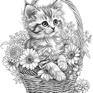 FREE Kitten in Basket with Flowers Coloring Page Download 🐾