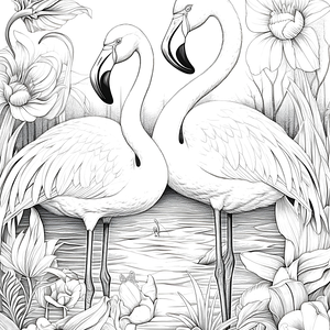 FREE Flamingo Pond Coloring Page - Graceful Flamingos & Detailed Flowers Printable 🐾