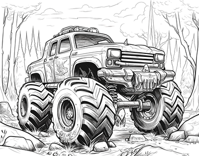 FREE Monster Truck Coloring Page - Printable Forest Terrain Adventure 🛞 — free printable coloring page