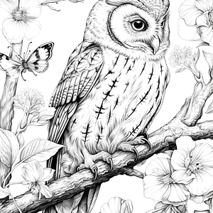 FREE Owl Coloring Page - Printable Detailed Drawing with Flowers and Butterfly ⛰️