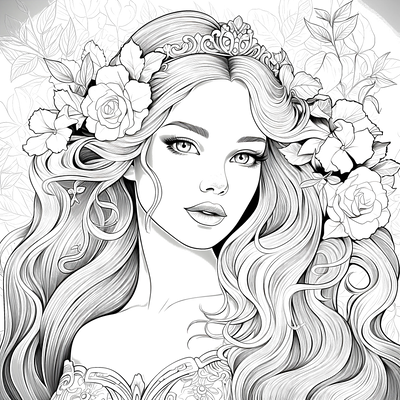 FREE Princess Coloring Page - Detailed Line Art with Tiara and Flowers - Download NOW 👑 — free printable coloring page
