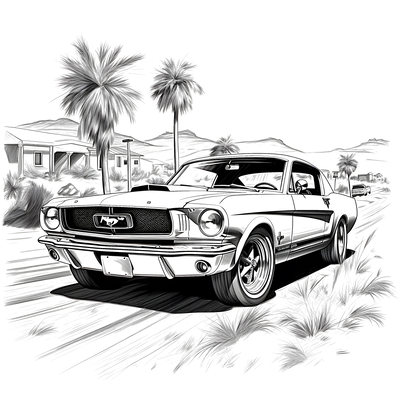 FREE Classic Mustang Car Coloring Page - Printable Desert Scene with Palm Trees Download 🛞 — free printable coloring page