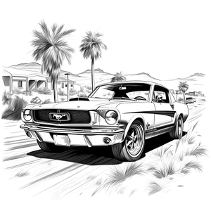 FREE Classic Mustang Car Coloring Page - Printable Desert Scene with Palm Trees Download 🛞