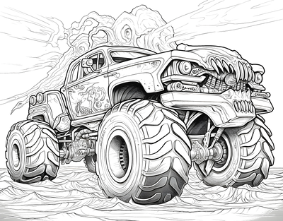 FREE Monster Truck Coloring Page - Detailed Wilderness Scene with Smoke Trails - Download NOW 🛞 — free printable coloring page