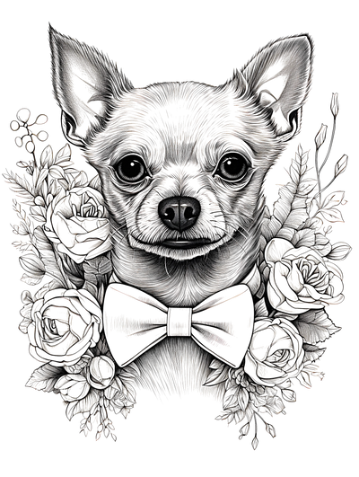 FREE Chihuahua with Bow Tie and Roses Coloring Page - Download NOW 🐾 — free printable coloring page