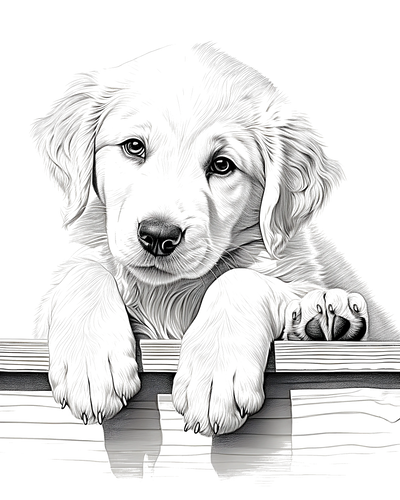 FREE Puppy Coloring Page - Adorable Puppy Resting on Wooden Ledge - Download NOW 🐾 — free printable coloring page