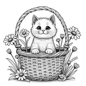 FREE Fluffy Kitten in Basket Coloring Page Download 🐾