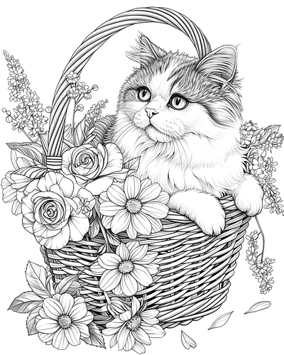 FREE Cat in Flower Basket Coloring Page - Printable Download 🐾 — free printable coloring page