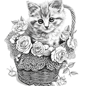 FREE Kitten in Basket Coloring Page - Adorable Sketch with Roses and Lace - Download NOW 🐾