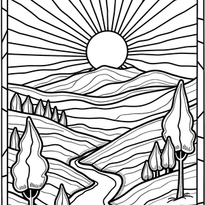 FREE Sunset Over Rolling Hills Coloring Page Download ⛰️