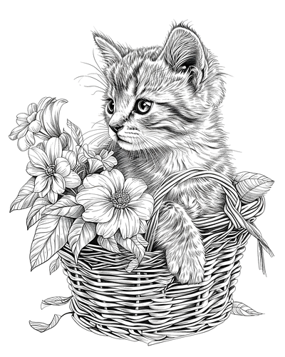 FREE Kitten in Wicker Basket with Flowers Coloring Page - Download NOW 🐾 — free printable coloring page