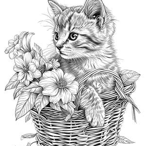 FREE Kitten in Wicker Basket with Flowers Coloring Page - Download NOW 🐾