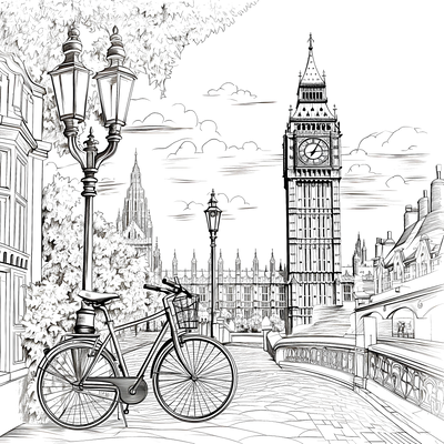 FREE Big Ben Coloring Page - Printable London Scene with Bicycle and Street Lamps Download 🖌️ — free printable coloring page