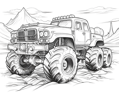FREE Monster Truck Coloring Page with Rugged Suspension and Mountainous Background - Download NOW 🛞 — free printable coloring page