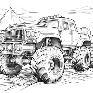 FREE Monster Truck Coloring Page with Rugged Suspension and Mountainous Background - Download NOW 🛞