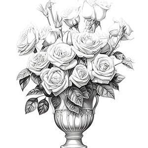 FREE Coloring Page - Detailed Monochrome Bouquet of Blooming Roses in Decorative Vase Printable ⛰️