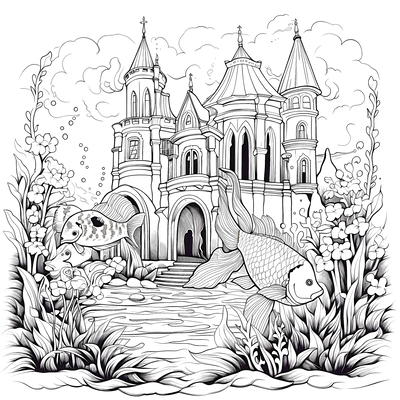 FREE Castle Coloring Page - Detailed Tower Spires with Flowers and Fish - Printable Download 🏰 — free printable coloring page