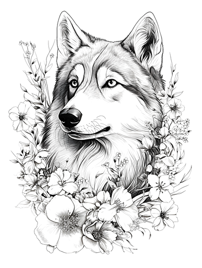FREE Majestic Wolf with Flowers Coloring Page Download 🐾 — free printable coloring page
