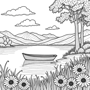 FREE Tranquil Lake Boat Coloring Page - Download NOW ⛰️