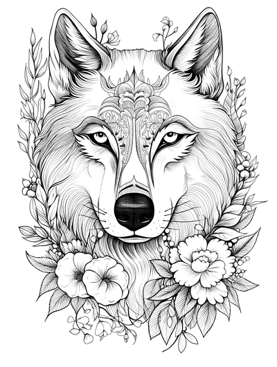 FREE Wolf Face with Floral Elements Coloring Page - Printable Download 🐾 — free printable coloring page