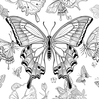 FREE Butterfly Coloring Page - Intricate Wing Patterns Among Flowers - Printable Download ⛰️ — free printable coloring page