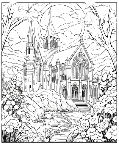 FREE Gothic Cathedral Coloring Page with Scenic Pathway - Download NOW 🏰 — free printable coloring page