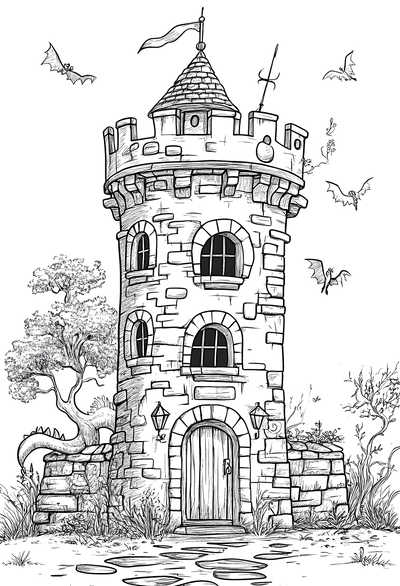FREE Medieval Tower Coloring Page - Printable Fantasy Dragon Scene Download 🏰 — free printable coloring page