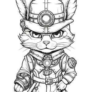 FREE Steampunk Cat Adventurer Coloring Page Download 🐾