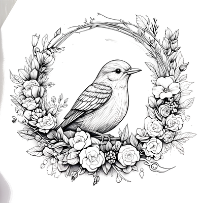FREE Bird and Floral Wreath Coloring Page Download ⛰️ — free printable coloring page