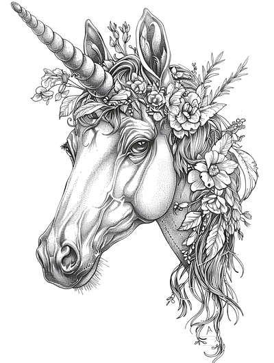 FREE Unicorn Head Coloring Page Download NOW - Intricate Black and White Illustration with Flowers and Leaves 🪄 — free printable coloring page