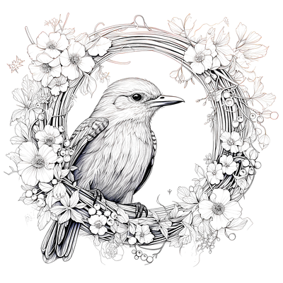 FREE Bird in Floral Wreath Coloring Page Printable Download ⛰️ — free printable coloring page