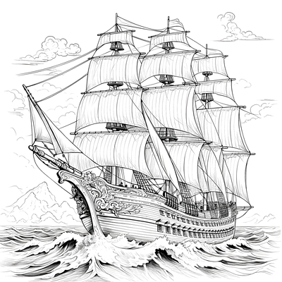 FREE Sailing Ship Coloring Page - Printable Detailed Line Drawing of Grand Sailing Ship 🛞 — free printable coloring page