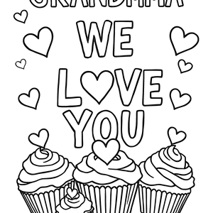 FREE Grandma We Love You Coloring Page with Hearts and Cupcakes - Download NOW 🎂