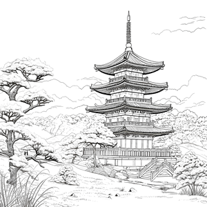 FREE Coloring Page - Detailed Japanese Pagoda with Trees - Printable Download 🏰