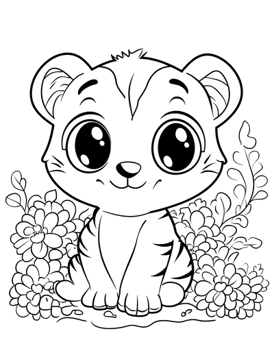 FREE Baby Tiger Coloring Page - Adorable Big-Eyed Cub Among Flowers - Printable Download 🐾 — free printable coloring page