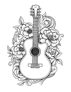 FREE Acoustic Guitar & Blooming Flowers Coloring Page - Download NOW 🖌️