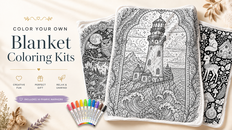 Color-your-own blanket coloring kits featuring lighthouse, owl, and woodland designs with 10 colorful fabric markers.