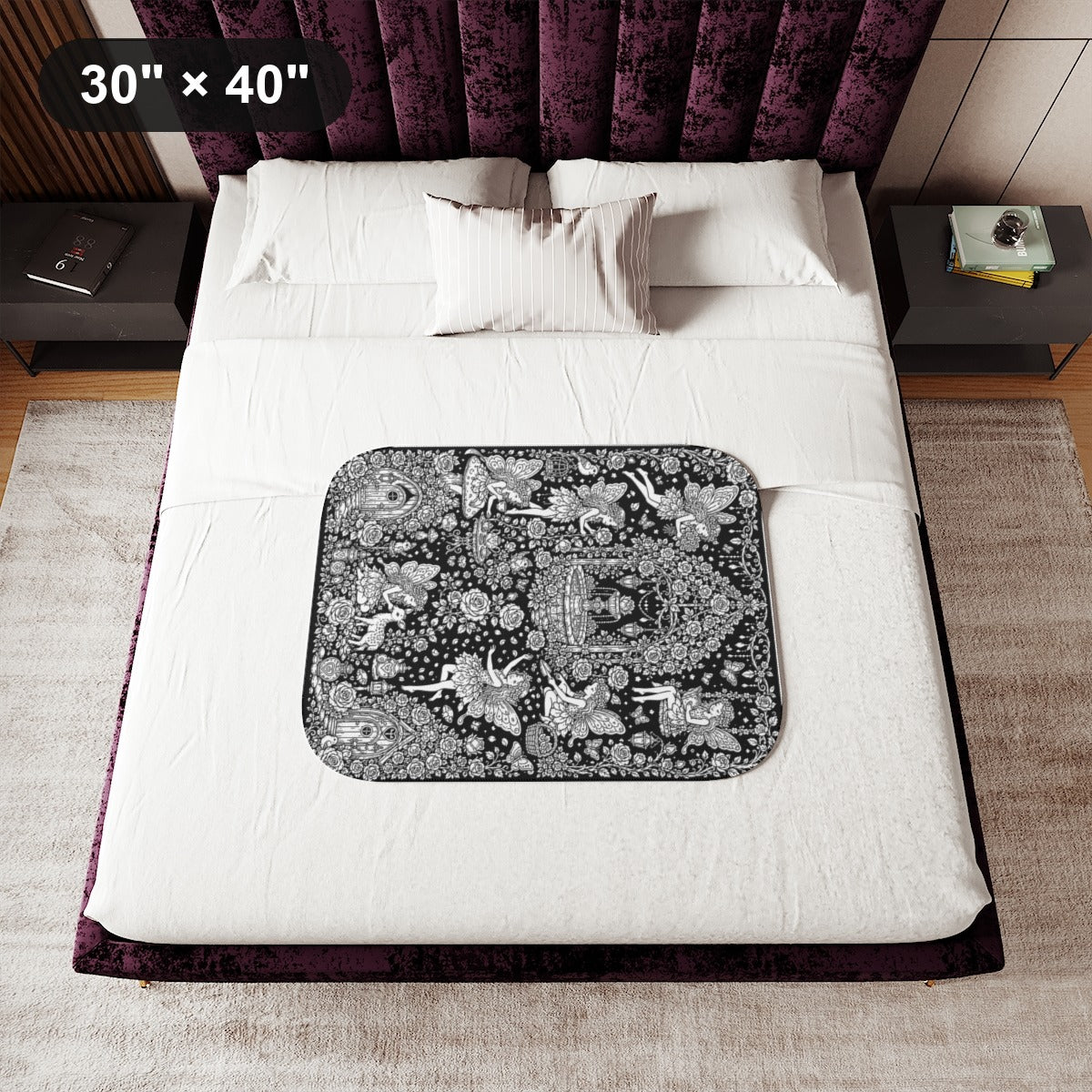 Fairy Rose Garden Sherpa Blanket kit shown in a lifestyle mockup - 30" × 40"