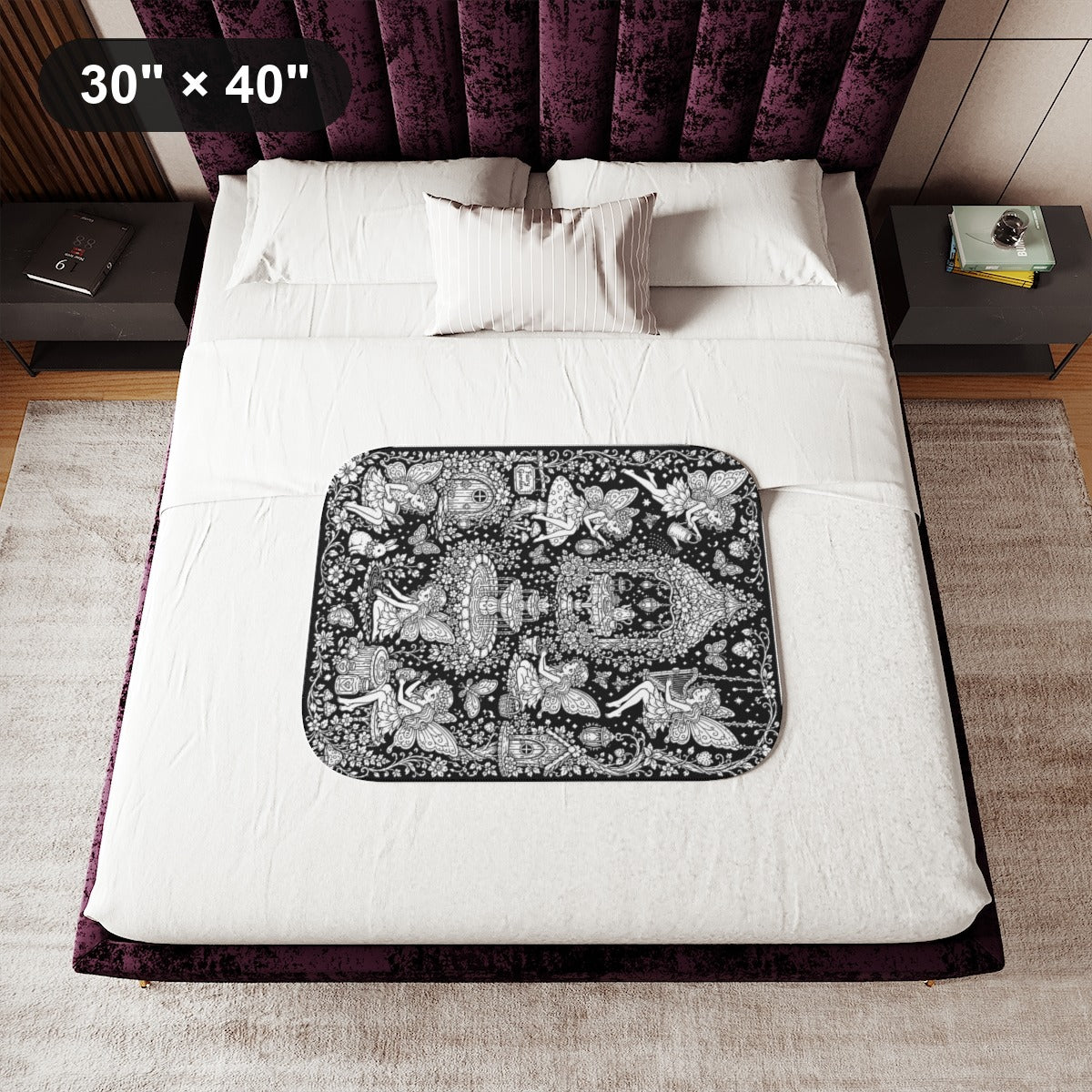 Fairy Garden Tea Party Sherpa Blanket kit shown in a lifestyle mockup - 30" × 40"