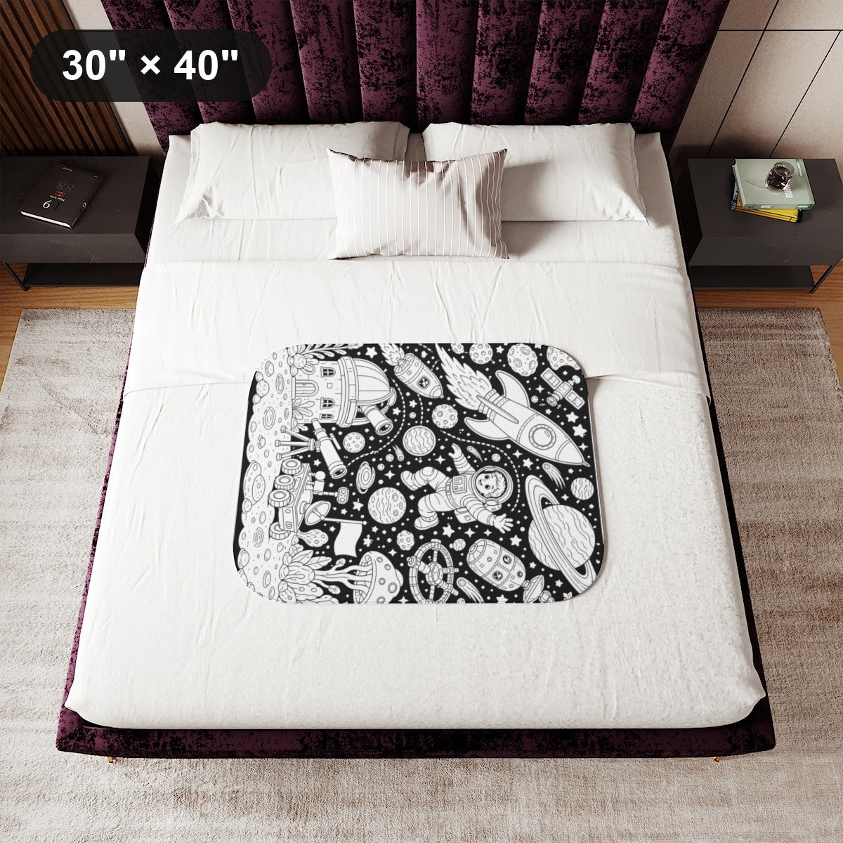 Kids Space Adventure Sherpa Blanket kit shown in a lifestyle mockup - 30" × 40"