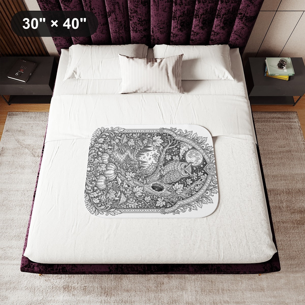 Autumn Moonlit Owl Sherpa Blanket kit shown in a lifestyle mockup - 30" × 40"