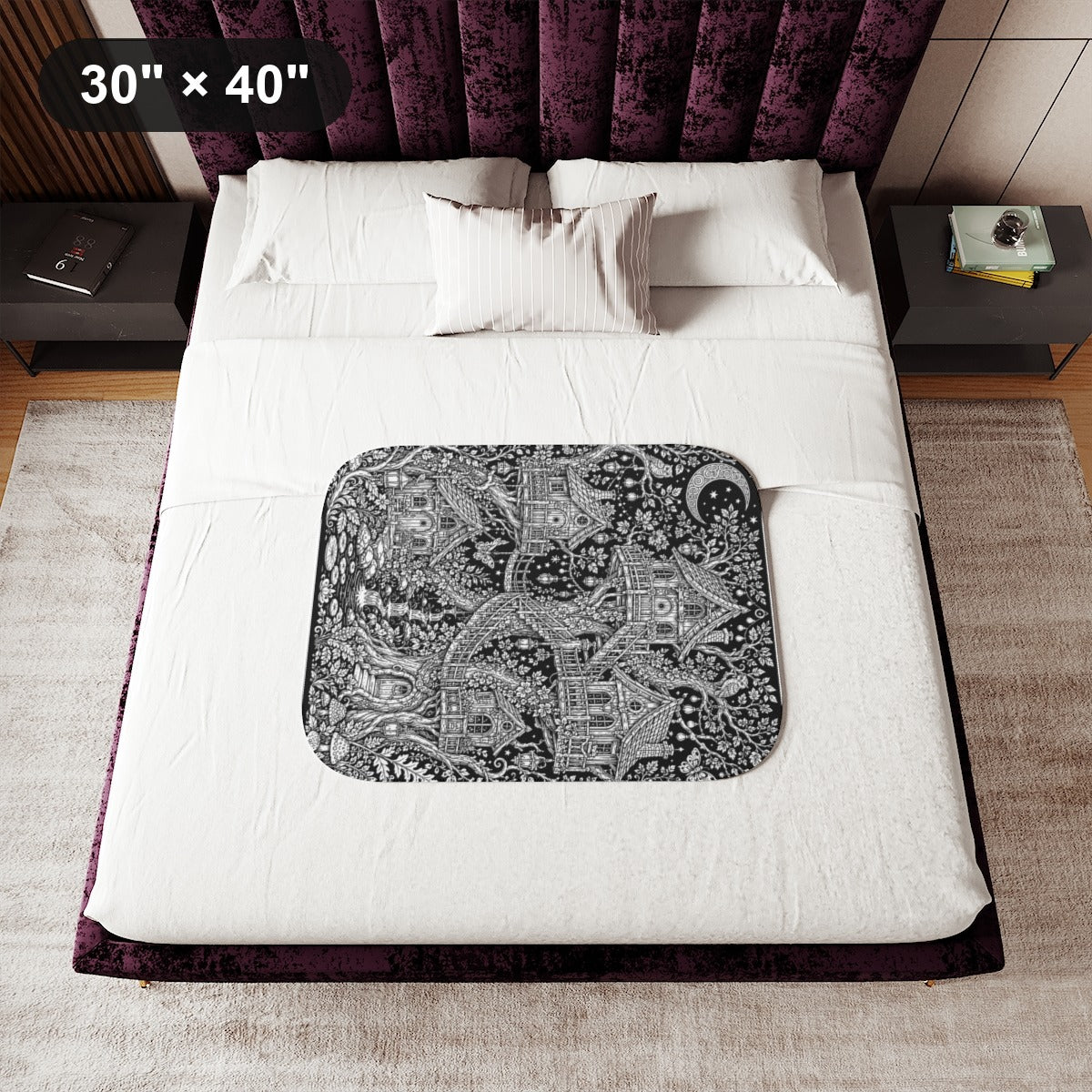 Moonlit Fairy Treehouse Village Sherpa Blanket kit shown in a lifestyle mockup - 30" × 40"