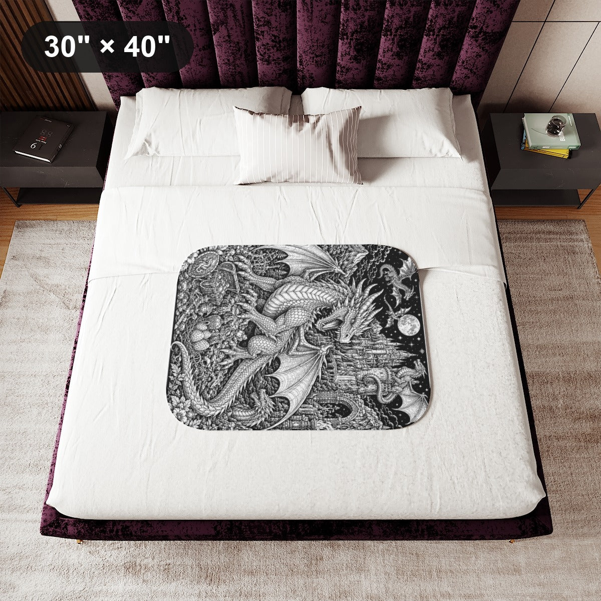 Moonlit Dragon Castle Sherpa Blanket kit shown in a lifestyle mockup - 30" × 40"