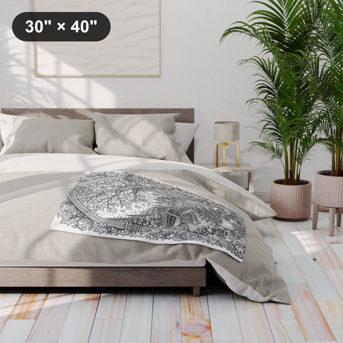 Autumn Covered Bridge Fleece Blanket kit shown in a lifestyle mockup - 30" × 40"
