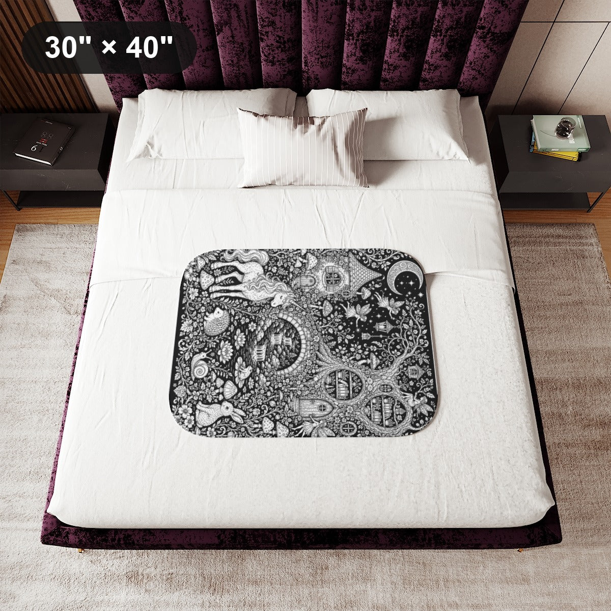 Mushroom Woodland Unicorn Sherpa Blanket kit shown in a lifestyle mockup - 30" × 40"