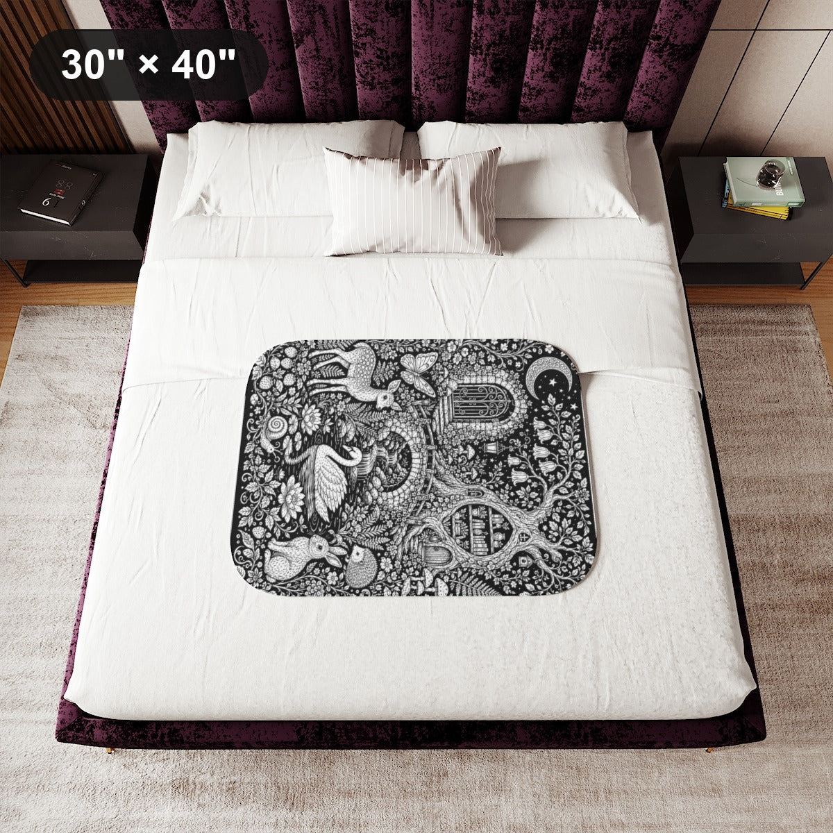Moonlit Woodland Pond Sherpa Blanket kit shown in a lifestyle mockup - 30" × 40"