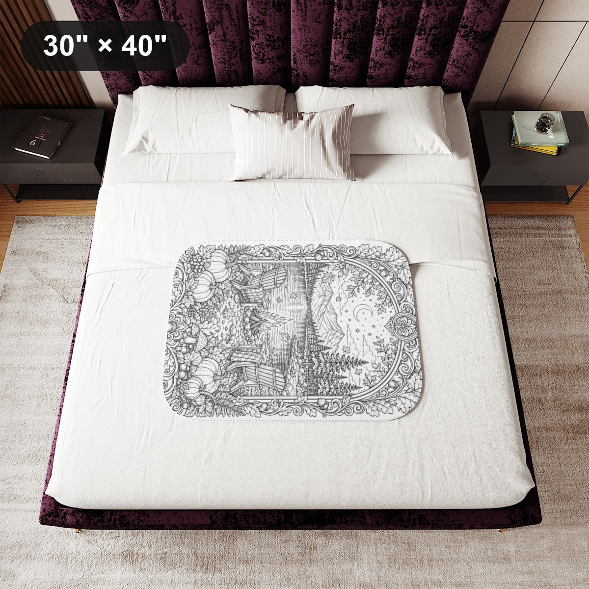 Autumn Lakeside Campfire Sherpa Blanket kit shown in a lifestyle mockup - 30" × 40"