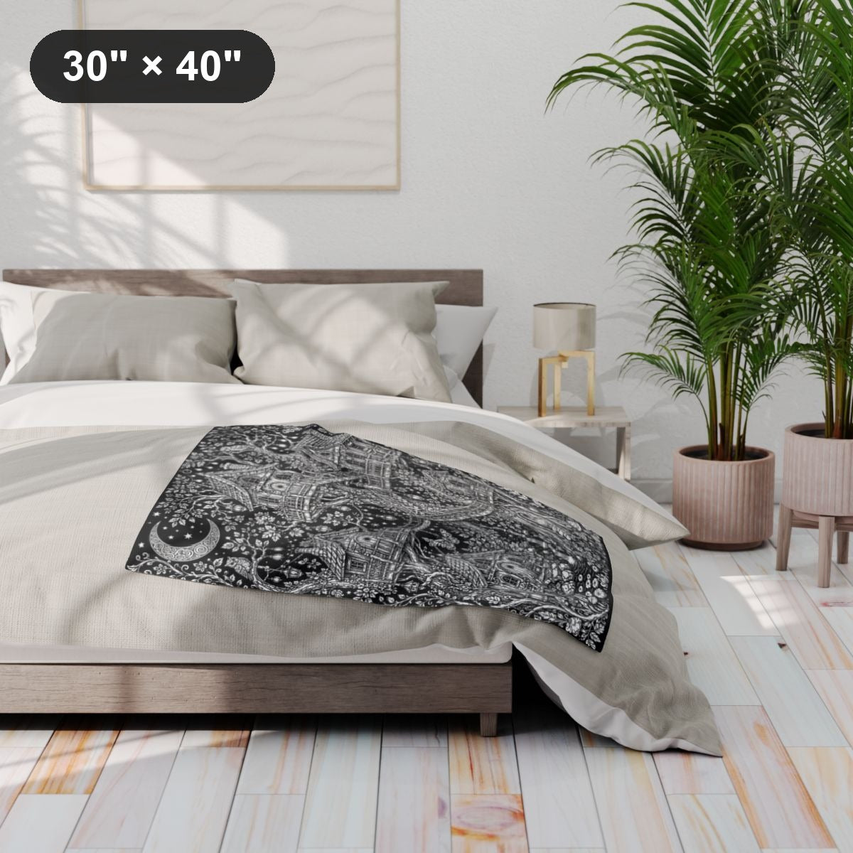 Moonlit Fairy Treehouse Village Fleece Blanket kit shown in a lifestyle mockup - 30" × 40"