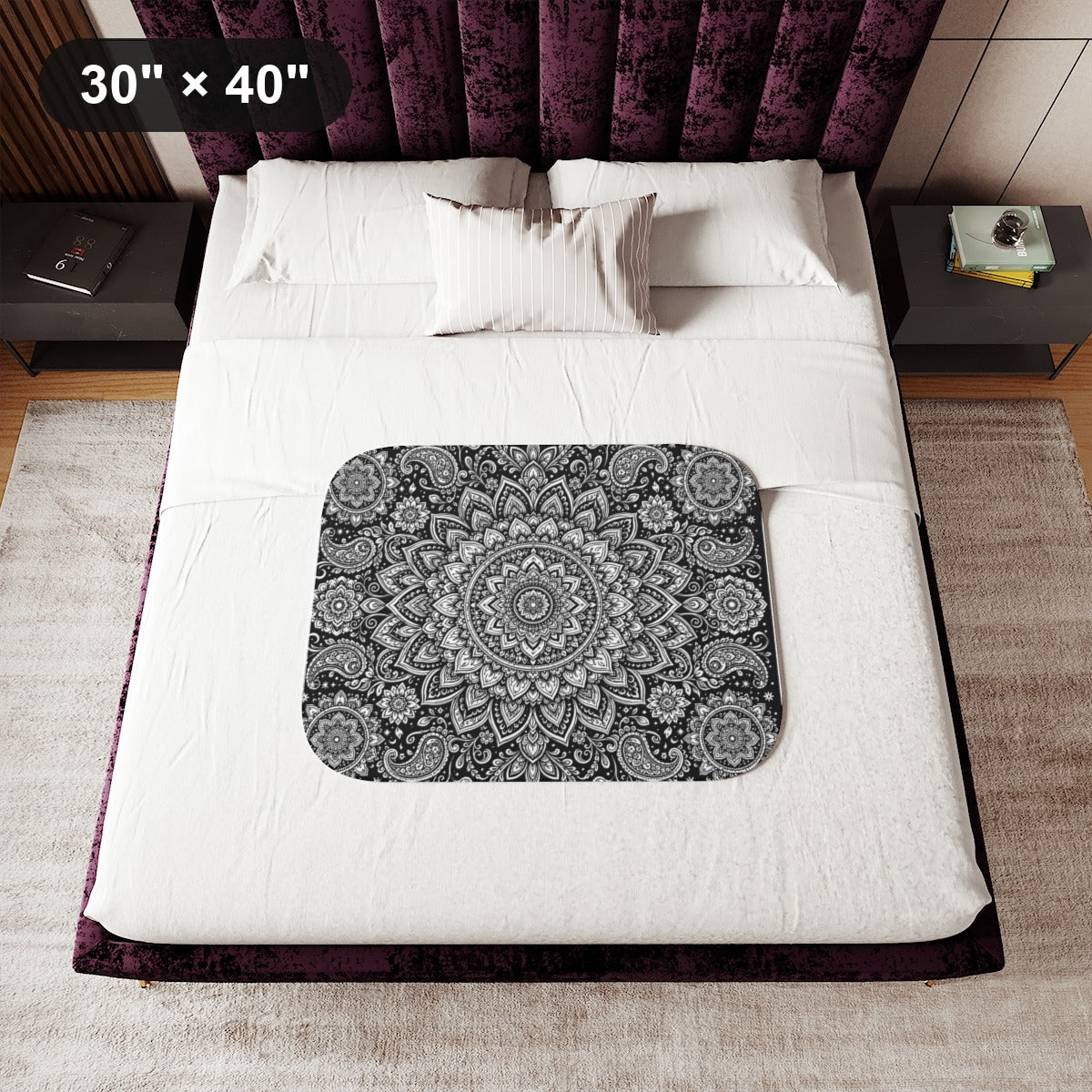 Paisley Flower Mandala Sherpa Blanket kit shown in a lifestyle mockup - 30" × 40"